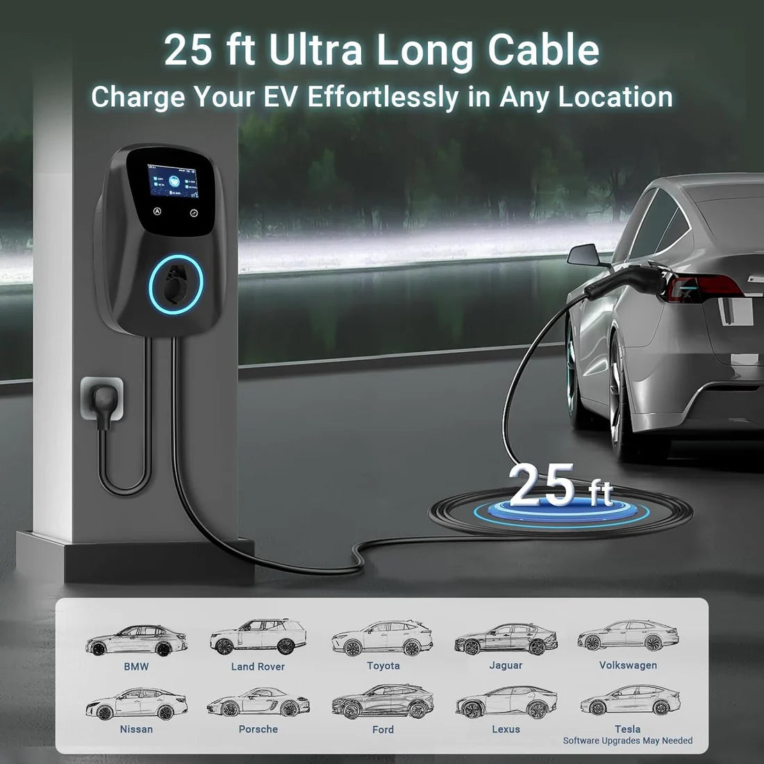 Vivileo Wall Mount EV Charger | Level 2 EV Charger | 48 Amp, 240V | NEMA 14-50 Plug | J1772 & NACS | Manual Amp & Schedule Setting | 25ft Cable | ETL Certified