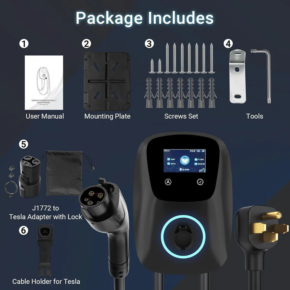 Vivileo Wall Mount EV Charger | Level 2 EV Charger | 48 Amp, 240V | NEMA 14-50 Plug | J1772 & NACS | Manual Amp & Schedule Setting | 25ft Cable | ETL Certified